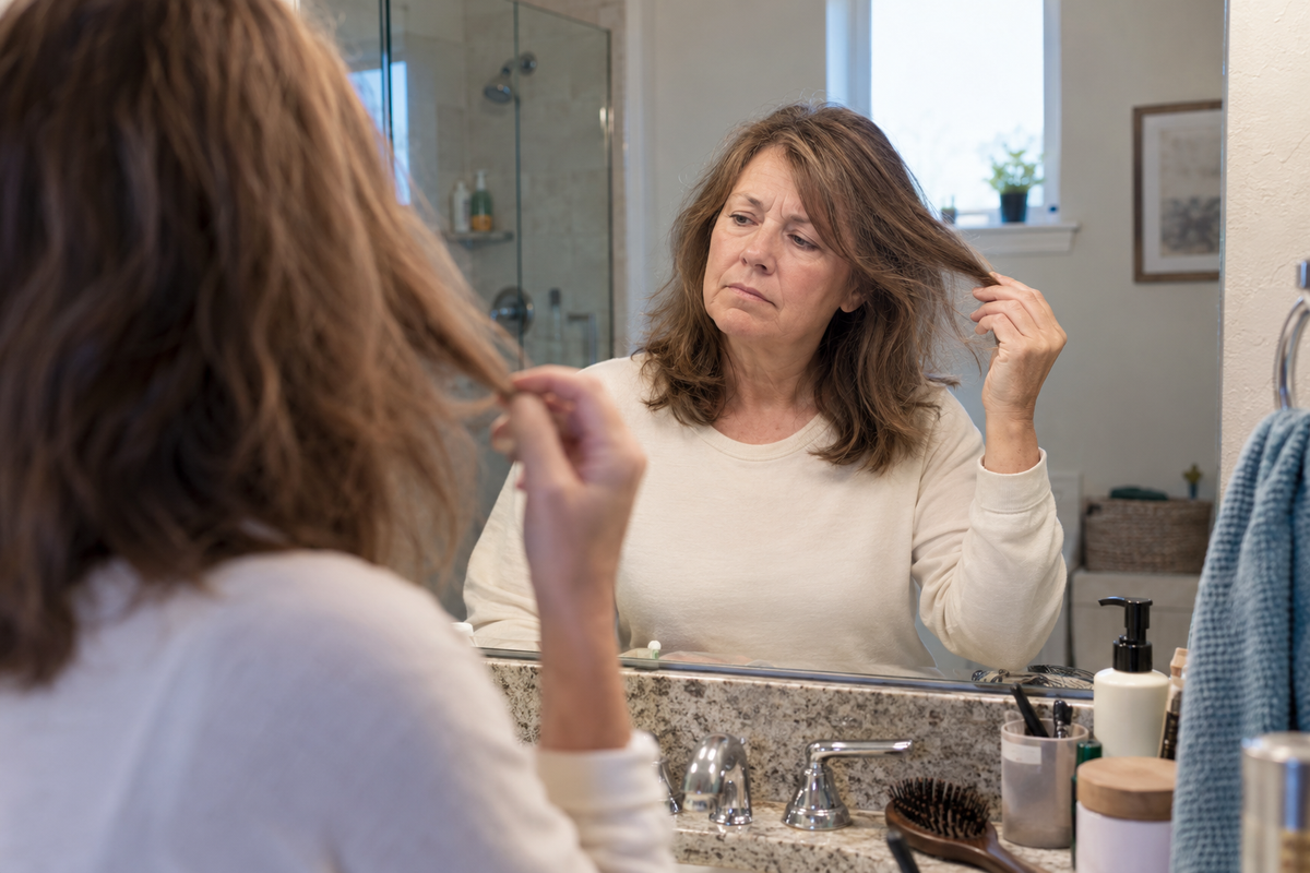 Woman looking at the condition of her hair in natural light